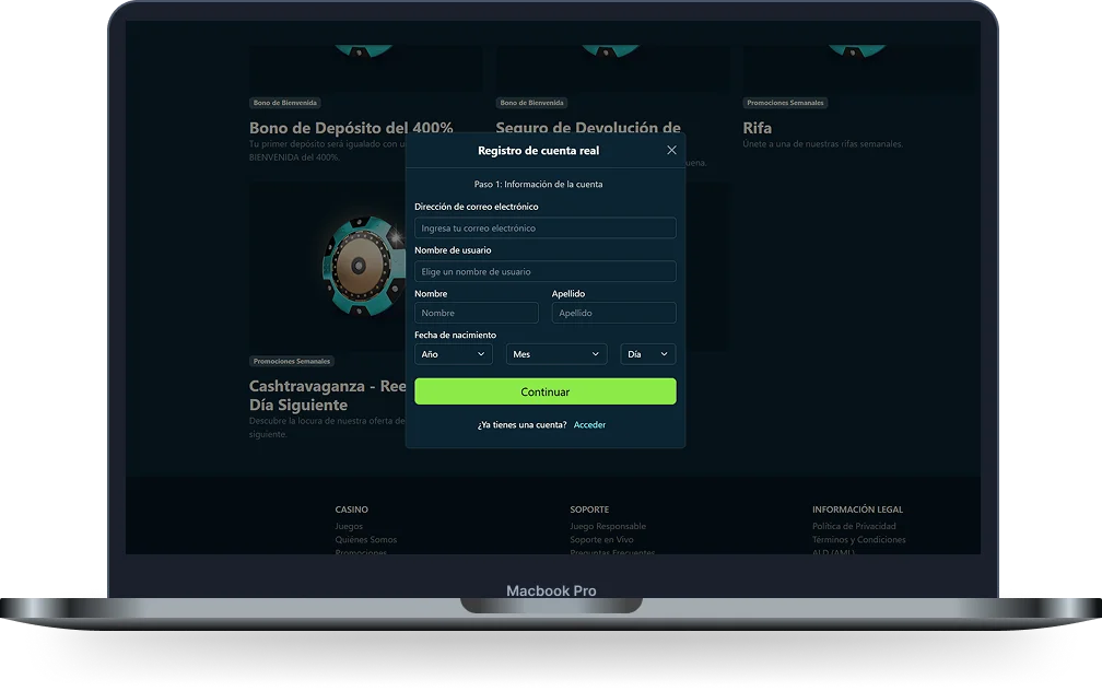 Dendera Casino Crear Cuenta Dendera Casino formulario de registro de cuenta real con datos personales